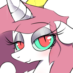 Size: 460x460 | Tagged: dead source, safe, artist:apinklife, artist:pinkgagy, imported from twibooru, oc, oc only, oc:gagy, alicorn, pony, alicorn oc, bedroom eyes, blushing, bust, crown, curved horn, dialogue, eyelashes, eyeshadow, female, floppy ears, horn, image, jewelry, looking at you, makeup, mare, png, regalia, simple background, smiling, solo, white background, wings