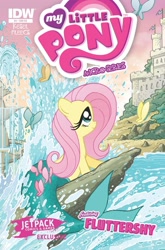 Size: 1054x1600 | Tagged: safe, artist:tonyfleecs, idw, imported from derpibooru, fluttershy, butterfly, merpony, my little pony micro-series, castle, comic cover, cover, cover art, fountain, micro-series #4, my little pony logo, official comic, outdoors, variant cover