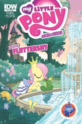 Size: 1054x1600 | Tagged: safe, artist:tonyfleecs, idw, imported from derpibooru, fluttershy, butterfly, frog, pegasus, pony, my little pony micro-series, bush, castle, clothes, comic cover, cover, cover art, crown, dress, eyes closed, fairy tale, female, filly, filly fluttershy, flower, fountain, imminent kissing, jewelry, male, mare, micro-series #4, my little pony logo, official comic, outdoors, prince, princess, regalia, sitting, tail, the frog prince, variant cover, water, younger