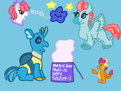 Size: 1600x1200 | Tagged: safe, artist:mintwhistle, imported from derpibooru, gallus, ocellus, smolder, changedling, changeling, classical hippogriff, dragon, earth pony, hippogriff, pony, antennae, atg 2024, blue background, box, changedlingified, changelingified, classical hippogriffied, colored hooves, colored wings, colored wingtips, dragoness, female, flying, g1, group, hippogriffied, hooves, implied transformation, looking at something, magic, male, mare, medibang paint, micro, mistyglow, newbie artist training grounds, polaris (g1), portal, quartet, scared, simple background, sitting, small, smiling, smol, species swap, spread wings, stars, surprised, sweat, sweatdrops, teenaged dragon, teenager, tiny, unshorn fetlocks, wings, woah, worried