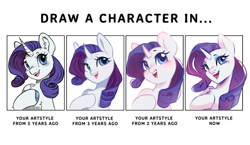 Size: 4700x2735 | Tagged: safe, artist:melodylibris, imported from derpibooru, rarity, pony, unicorn, art progress, blushing, chest fluff, colored hooves, ear fluff, female, high res, hoof on chest, hooves, horn, human shoulders, mare, open mouth, open smile, simple background, smiling, solo, text, white background