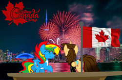 Size: 895x592 | Tagged: safe, artist:shieldwingarmorofgod, imported from derpibooru, oc, oc:ej, oc:shield wing, alicorn, alicorn oc, canada, canada day, fireworks, horn, male, wings