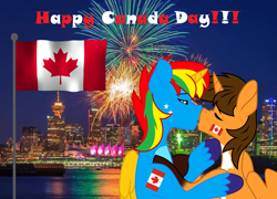 Size: 2791x2009 | Tagged: safe, artist:shieldwingarmorofgod, imported from derpibooru, oc, oc:ej, oc:shield wing, alicorn, alicorn oc, canada, canada day, gay, horn, kissing, male, stallion, wings