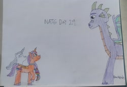 Size: 3515x2409 | Tagged: safe, artist:blackblade360, imported from derpibooru, spike, sunny starscout, twilight sparkle, alicorn, dragon, earth pony, ghost, ghost pony, pony, undead, unicorn, adult, adult spike, atg 2024, claws, colored pencil drawing, cyan eyes, dragon lord spike, female, fins, g5, generation leap, green eyes, horn, irl, looking at each other, looking at someone, male, mane stripe sunny, mare, newbie artist training grounds, older, older spike, paper, photo, purple scales, race swap, signature, spike (g5), spikes, sunny and her heroine, sunnycorn, tail, traditional art, two toned mane, two toned tail, unshorn fetlocks, winged spike