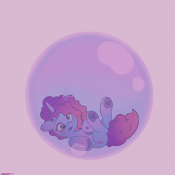 Size: 2480x2480 | Tagged: safe, artist:starburstuwu, imported from derpibooru, pony, unicorn, bubble, cute, floppy ears, frog (hoof), g5, high res, hoof heart, horn, lying down, misty brightdawn, mistybetes, on back, purple background, rebirth misty, signature, simple background, solo, underhoof