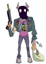 Size: 2828x3905 | Tagged: safe, artist:freakazoidthunk, imported from derpibooru, oc, oc only, oc:the janitor, anthro, earth pony, unguligrade anthro, bag, biker, carrot, clothes, deagle, denim, denim jacket, desert eagle, food, grocery bag, gun, heroine, hood, jacket, lottery ticket, mask, mlha, my little hazards area, opposable hooves, parody, riding wasps, sack mask, solo, syringe, weapon