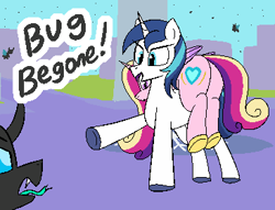 Size: 366x280 | Tagged: safe, artist:seafooddinner, princess cadance, shining armor, alicorn, changeling, pony, unicorn, butt, crystal empire, description is relevant, dialogue, female, folded wings, horn, male, mare, open mouth, plot, pointing, stallion, wings