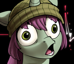 Size: 873x760 | Tagged: safe, artist:mickeymonster, imported from derpibooru, pony, unicorn, beanie, black background, bust, faic, female, g5, hat, horn, mare, mint grove, open mouth, scene interpretation, simple background, solo