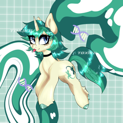 Size: 3000x3000 | Tagged: safe, artist:toxikil, imported from derpibooru, oc, oc only, oc:spring starflower, pony, unicorn, abstract background, chibi, choker, cute, digital art, eye clipping through hair, eyelashes, female, freckles, horn, mare, science, shiny hooves, shiny mane, solo, tongue out, transgender, two toned mane, wingding eyes