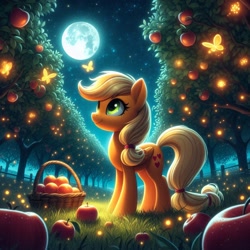 Size: 1024x1024 | Tagged: safe, imported from derpibooru, applejack, earth pony, pony, ai content, ai generated, apple, basket, cutie mark, female, food, generator:bing image creator, generator:dall-e 3, grass, hatless, mare, missing accessory, moon, night, outdoors, prompter:nightofcore, solo, solo female, standing, stars, tree, wrong cutie mark