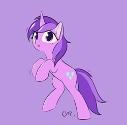 Size: 846x834 | Tagged: safe, artist:nutellaenjoyer, imported from derpibooru, amethyst star, sparkler, pony, unicorn, :o, female, horn, looking at you, mare, open mouth, purple background, rearing, simple background, solo