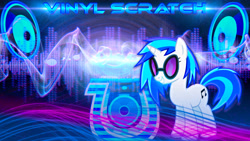 Size: 3840x2160 | Tagged: safe, artist:ikillyou121, artist:wild-woelfchen, edit, imported from derpibooru, dj pon-3, vinyl scratch, pony, unicorn, abstract background, female, horn, mare, name, smiling, solo, soundwave, speaker, standing, sunglasses, wallpaper, wallpaper edit