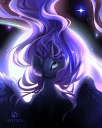 Size: 2000x2500 | Tagged: safe, artist:livitoza, imported from derpibooru, princess luna, alicorn, pony, bust, female, flowing mane, full moon, high res, looking up, mare, moon, night, raised hoof, solo, spread wings, wings