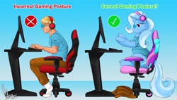 Size: 1280x726 | Tagged: safe, artist:spirit_dancer, imported from derpibooru, trixie, oc, oc:jd, human, unicorn, before and after, chair, clothes, commission, computer, female, gaming, gaming chair, gaming headset, glasses, headset, hooves, horn, human to pony, keyboard, male to female, meme, office chair, pants, rule 63, shirt, sitting, tail, transformation, transformation sequence, transgender, transgender transformation