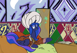 Size: 2062x1438 | Tagged: safe, artist:ponny, imported from derpibooru, princess luna, alicorn, pony, book, clothes, colored, pillow, robes, scroll, solo, turban