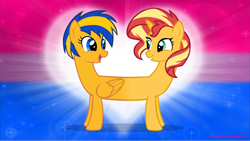 Size: 5360x3015 | Tagged: safe, artist:andoanimalia, imported from derpibooru, sunset shimmer, oc, oc:flare spark, pegasus, pony, unicorn, bisexual, conjoined, couple, flareset, folded wings, grin, happy, heart, horn, looking at each other, looking at someone, open mouth, open smile, smiling, smiling at each other, smiling at someone, wings