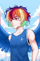 Size: 1087x1660 | Tagged: safe, artist:swabakar, imported from derpibooru, rainbow dash, human, alternate hairstyle, bandaid, clothes, cloud, elf ears, female, humanized, solo, sports bra, tanktop, winged humanization, wings, wonderbolts