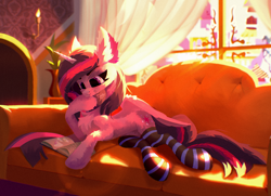 Size: 2210x1602 | Tagged: safe, artist:kainy, imported from derpibooru, twilight sparkle, alicorn, book, canterlot, canterlot castle, chest fluff, clothes, couch, ear fluff, reading, socks, solo, striped socks, twilight sparkle (alicorn), window