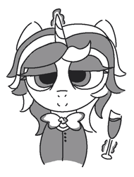 Size: 508x669 | Tagged: safe, artist:castafae, imported from derpibooru, oc, oc only, oc:fine wine, pony, unicorn, bowtie, bust, button-up shirt, clothes, female, glass, horn, lidded eyes, looking at you, mare, monochrome, shirt, simple background, solo, white background, wine glass