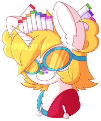 Size: 1584x1896 | Tagged: safe, artist:pasteldraws, imported from derpibooru, oc, oc only, pony, commission, goggles, horn, marker crown, markers, paint, paint splatter, rainbow, simple background, smiling, smirk, solo, traditional art, transparent background