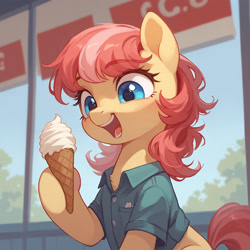 Size: 2880x2880 | Tagged: safe, imported from derpibooru, oc, oc only, earth pony, pony, ai content, ai generated, clothes, food, generator:tponynai3, happy, ice cream, ice cream cone, prompt in description, prompter:derp621, shirt, solo