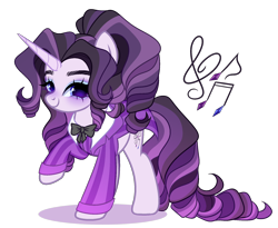 Size: 2034x1671 | Tagged: safe, artist:just-silvushka, imported from derpibooru, oc, oc only, pony, unicorn, clothes, curly mane, curly tail, cutie mark, eyelashes, horn, long horn, long tail, magical lesbian spawn, next generation, offspring, parent:octavia melody, parent:rarity, parents:raritavia, ponytail, simple background, solo, suit, tail, transparent background