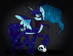 Size: 3290x2536 | Tagged: safe, artist:maniczombiedreamgirl, imported from derpibooru, oc, oc only, oc:daylights end, alicorn, 3d cutie mark, alternate versions at source, art fight, bald face, blaze (coat marking), blue coat, blue eyes, blue mane, choker, coat markings, colored pinnae, countershading, ear fluff, facial markings, female, flowing hair, flowing mane, flowing tail, looking at you, moon, simple background, skull, slit pupils, solo, spread wings, standing, standing on two hooves, stars, stepping on something, tail, unshorn fetlocks, watermark, wings