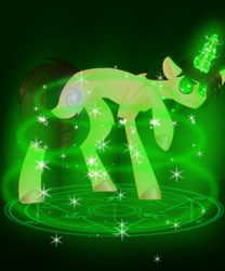 Size: 540x648 | Tagged: artist needed, safe, imported from derpibooru, oc, oc only, oc:ethereal divide, unicorn, cloven hooves, dark background, green eyes, horn, magic, magic aura, magic circle, male, serious, serious face, solo, spell, stallion