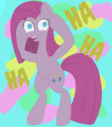 Size: 3200x3600 | Tagged: safe, artist:anonymous, imported from derpibooru, pinkie pie, earth pony, pony, /bale/, 2d, bipedal, female, ha ha ha, head in hooves, looking at you, losing my mind, mare, pinkamena diane pie, shrunken pupils, solo, splotches, standing on two hooves