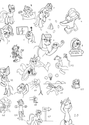 Size: 1380x1950 | Tagged: safe, artist:fleximusprime, imported from derpibooru, maud pie, pinkie pie, princess luna, trixie, oc, earth pony, griffon, unicorn, atg 2024, black and white, grayscale, horn, monochrome, newbie artist training grounds, simple background, white background