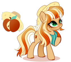 Size: 2013x1748 | Tagged: safe, artist:just-silvushka, imported from derpibooru, oc, oc only, earth pony, pony, adoptable, apple, bandana, cutie mark, eyealshes, female, food, freckles, hat, mare, simple background, solo, straw hat, striped mane, striped tail, sun hat, tail, transparent background