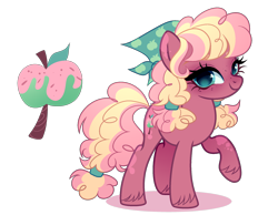 Size: 2074x1610 | Tagged: safe, artist:just-silvushka, imported from derpibooru, oc, oc only, earth pony, adoptable, apple, curly mane, curly tail, cutie mark, eyelashes, female, food, next generation, offspring, parent:big macintosh, parent:pinkie pie, simple background, solo, striped mane, striped tail, tail, transparent background