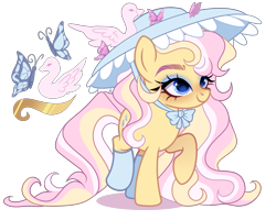 Size: 2500x2000 | Tagged: safe, artist:just-silvushka, imported from derpibooru, oc, oc only, bird, butterfly, earth pony, swan, adoptable, blue eyes, bow, clothes, cutie mark, eyelashes, eyeshadow, female, hat, lace, long mane, long tail, magical lesbian spawn, makeup, next generation, offspring, parent:fluttershy, parent:swan song, simple background, socks, solo, striped mane, striped tail, tail, transparent background