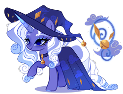 Size: 2331x1788 | Tagged: safe, artist:just-silvushka, imported from derpibooru, oc, oc only, unicorn, adoptable, bell, bell collar, cape, clothes, collar, curly mane, curly tail, cutie mark, eyelashes, eyeshadow, female, hat, horn, long tail, makeup, offspring, parent:rarity, parent:star swirl the bearded, simple background, solo, tail, transparent background