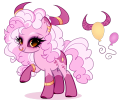 Size: 2097x1728 | Tagged: safe, artist:just-silvushka, imported from derpibooru, oc, oc only, unnamed oc, hybrid, pony, adoptable, bangles, bracelet, cloven hooves, coat markings, colored eyebrows, colored hooves, colored horns, colored sclera, curly mane, curly tail, cutie mark, ear markings, ear piercing, earring, eyelashes, eyeshadow, gold jewelry, golden eyes, hooves, horn, horn jewelry, horns, interspecies offspring, jewelry, long eyelashes, long mane, long tail, makeup, next generation, nose piercing, offspring, parent:pinkie pie, parent:tirek, parents:tirekpie, piercing, pink coat, pink fur, pink mane, pink tail, purple eyeshadow, purple sclera, red hooves, septum piercing, simple background, socks (coat markings), solo, splotches, spots, standing, tail, transparent background, two toned mane, two toned tail, yellow eyes