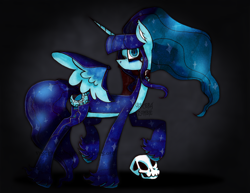 Size: 3290x2536 | Tagged: safe, alternate version, artist:maniczombiedreamgirl, imported from derpibooru, oc, oc only, oc:daylights end, alicorn, 3d cutie mark, art fight, bald face, blaze (coat marking), blue coat, blue eyes, blue mane, choker, coat markings, colored pinnae, countershading, ear fluff, facial markings, female, flowing hair, flowing mane, flowing tail, looking at you, moon, simple background, skull, slit pupils, solo, spread wings, standing, standing on two hooves, stars, stepping on something, tail, unshorn fetlocks, watermark, wings