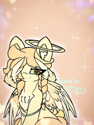 Size: 4096x5461 | Tagged: safe, artist:sodapop sprays, imported from derpibooru, oc, oc only, oc:sonata sprays, pony, seraph, angel, bracelet, braid, chest fluff, ear fluff, folded wings, freckles, hair over one eye, halo, jewelry, looking at you, multiple wings, solo, spread wings, wings, wings down, wings over one eye