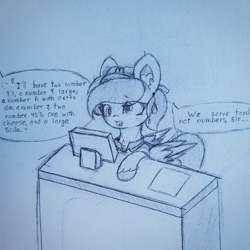 Size: 1496x1496 | Tagged: safe, artist:sodapop sprays, imported from derpibooru, derpy hooves, pegasus, pony, cash register, freckles, hat, mcdonald's, solo, traditional art, worried