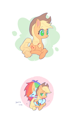 Size: 1653x2780 | Tagged: safe, artist:zss331, imported from derpibooru, applejack, rainbow dash, earth pony, pony, appledash, applejack's hat, blushing, bracelet, colored, colored pinnae, cowboy hat, cute, duo, duo female, eyebrows, eyebrows visible through hair, eyelashes, female, flat colors, freckles, hat, hugging a pony, jackabetes, jewelry, lesbian, lidded eyes, looking at someone, lying down, no pupils, open mouth, open smile, passepartout, ponyloaf, ponytail, prone, shipping, simple background, smiling, stetson, sweat, sweatdrop, tail, text, tied mane, tied tail, white background