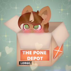 Size: 1226x1226 | Tagged: safe, artist:sodapop sprays, imported from derpibooru, oc, oc only, oc:copper core, pony, unicorn, abstract background, box, commission, horn, meme, pony in a box, solo, unicorn oc, ych result, your character here