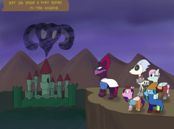 Size: 3840x2860 | Tagged: safe, artist:khazard, imported from derpibooru, kerfuffle, pipp petals, skellinore, tempest shadow, pegasus, skeleton pony, unicorn, series:grogar's game, the break up breakdown, atg 2024, bard, berserker, black mage, blacksmith, bone, broken horn, fantasy class, g5, horn, misty brightdawn, newbie artist training grounds, scenery, skeleton, spellsword, tambelon