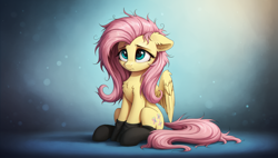 Size: 2560x1456 | Tagged: safe, imported from derpibooru, fluttershy, pegasus, pony, abstract background, ai content, ai generated, chest fluff, clothes, cute, daaaaaaaaaaaw, ear fluff, female, floppy ears, generator:autismmix confetti, mare, messy mane, prompter:siber, shyabetes, sitting, socks, solo