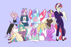 Size: 6000x4000 | Tagged: safe, artist:mscolorsplash, imported from derpibooru, oc, oc:chai leche, oc:curious query, oc:flux key, oc:icy hot, oc:post haste, oc:quickdraw, oc:shooting star, pegasus, unicorn, barista, bat eyes, big family, boob window, boots, bow, bowtie, breasts, butterfly wings, cellphone, charm, cleavage, clothes, coat markings, commissioner:dhs, couch, cowboy boots, cowboy hat, cup, cute, doctor, dreamcatcher, eye lashes, eyeshadow, facial markings, family, female, females only, flats, freckles, gloves, goggles, hairpin, handkerchief, hat, headphones, heart, horn, jewelry, kneeling, kneesocks, lab coat, lipstick, looking at you, lots of characters, lying down, makeup, military uniform, mother and child, mother and daughter, musician, name, necktie, one eye covered, phone, pose, ring, saucer, sexy, shoes, shorts, simple background, sitting, skirt, smiling, socks, socks (coat markings), stethoscope, tassels, teacup, text, uniform, wedding ring, wings, zipper