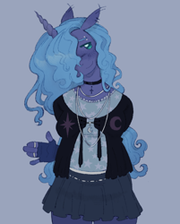 Size: 950x1184 | Tagged: safe, artist:onionpwder, imported from derpibooru, princess luna, alicorn, anthro, pony, blue background, choker, clothes, ear piercing, eyebrow piercing, gothic, hair over one eye, jewelry, necklace, piercing, ring, simple background, skirt, solo, whimsigothic, wingless, wingless alicorn