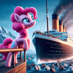 Size: 1024x1024 | Tagged: safe, imported from derpibooru, pinkie pie, earth pony, pony, ai content, ai generated, female, full body, generator:bing image creator, generator:dall-e 3, mare, prompter:pinkiepiepics, ship, titanic