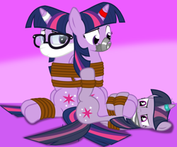 Size: 2000x1655 | Tagged: safe, artist:cardshark777, imported from derpibooru, mean twilight sparkle, sci-twi, twilight sparkle, alicorn, pony, unicorn, equestria girls, abstract background, angry, back to back, bondage, bound and gagged, bound together, bound wings, cloth gag, confused, digital art, equestria girls ponified, gag, glasses, helpless, hooves on face, horn, horn ring, jewelry, looking back, looking down, magic suppression, ring, rope, rope bondage, self paradox, self ponidox, tape, tape gag, threelight sparkles, tied up, trio, twilight sparkle (alicorn), twolight, unamused, unicorn sci-twi, wings