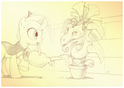 Size: 1785x1265 | Tagged: safe, artist:sherwoodwhisper, imported from derpibooru, oc, oc only, oc:eri, oc:whisper, mouse, pony, unicorn, cape, clothes, female, filly, flower, foal, horn, male, monochrome, morning glory (flower), plant, plant pot, sweat, vine, watering, watering can