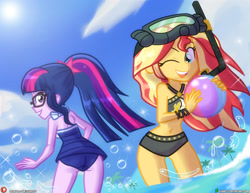 Size: 1942x1500 | Tagged: safe, artist:dieart77, imported from derpibooru, sci-twi, sunset shimmer, twilight sparkle, human, equestria girls, bangs, beach ball, belly, belly button, bikini, bikini bottom, bikini top, bubble, clothes, cloud, cutie mark, cutie mark on clothes, dive mask, duo, female, goggles, ocean, open mouth, open smile, palm tree, patreon, patreon logo, ponytail, sky, smiling, sparkles, sun, sunlight, swimsuit, tree, water