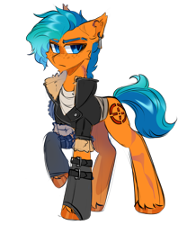 Size: 3977x4553 | Tagged: safe, artist:star-theft, imported from derpibooru, oc, oc only, unnamed oc, earth pony, pony, fallout equestria, blue eyes, blue mane, blue pupils, blue tail, cheek fluff, chin fluff, clothes, colored eyebrows, colored hooves, colored pinnae, colored pupils, colored sketch, ear piercing, ear tufts, earring, earth pony oc, eyebrow slit, eyebrows, freckles, frown, fur jacket, hoofless socks, hooves, jacket, jewelry, leather, leather jacket, leg scar, long legs, male, mercenary, narrowed eyes, neck scar, oc redesign, orange coat, orange hooves, piercing, popped collar, shiny eyes, shiny hooves, shiny mane, shiny tail, sketch, socks, solo, stallion, standing, straps, tail, thin, two toned mane, two toned tail, unshorn fetlocks