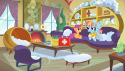 Size: 1920x1088 | Tagged: artist needed, safe, anonymous artist, artist:cloudy glow, artist:moongazeponies, imported from derpibooru, princess celestia, scootaloo, windy whistles, pegasus, pony, fanfic:a surprise visit, bandage, clothes, cloud pillow, couch, curtains, cute, cutealoo, daaaaaaaaaaaw, duo, duo female, fanfic art, female, figurine, filly, fireplace, first aid, first aid kit, foal, grin, interior, jacket, living room, looking at each other, looking at someone, mare, missing cutie mark, mother and child, mother and daughter, plate, scootadoption, scootalove, smiling, smiling at each other, spread wings, story in the source, sweet dreams fuel, wholesome, window, windybetes, wings